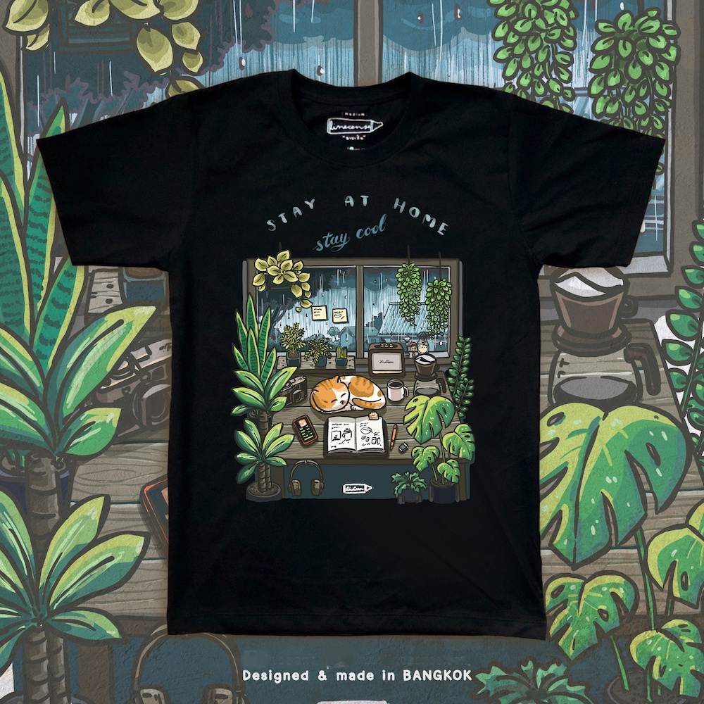 stay-at-home-stay-cool-t-shirt-black-ver-เสื้อยืด-สีดำ-premium-cotton-ลายแมวกับต้นไม้