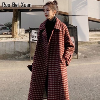 สินค้า RUO BEI XUAN เสื้อโค้ทผู้หญิง เสื้อโค้ทวูลลายสก็อต ความยาวปานกลาง สไตล์เกาหลี เอวหลวม บุนวม แฟชั่นโค้ท