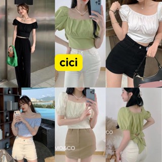 Cici ❣🇹🇭🚚พร้อมส่ง❣(NO.2226)เสื้อครอปแขนสั้น คอกว้างจั้มแขน ดีเทลผูกโบว์เพิ่มความหวานรุ่นนี้สีผผู้ดีสุดๆน่ารักกมากกก