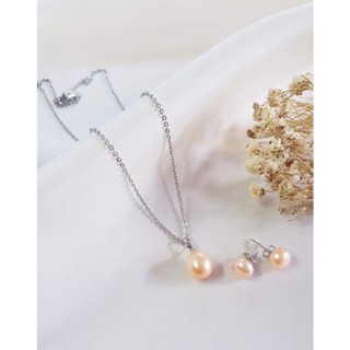 Set มุกแท้น้ำจืด (Freshwater Pearl) สร้อย+จี้+ต่างหูมุกแท้ สีโอรส ขนาดมุก7-8mm.สร้อยคอเงินแท้ ยาว18นิ้ว