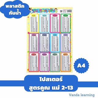 โปสเตอร์สูตรคูณ แม่ 2-13 ขนาด A4 เป็นพลาสติกกันน้ำ EA-352 Vanda Learning