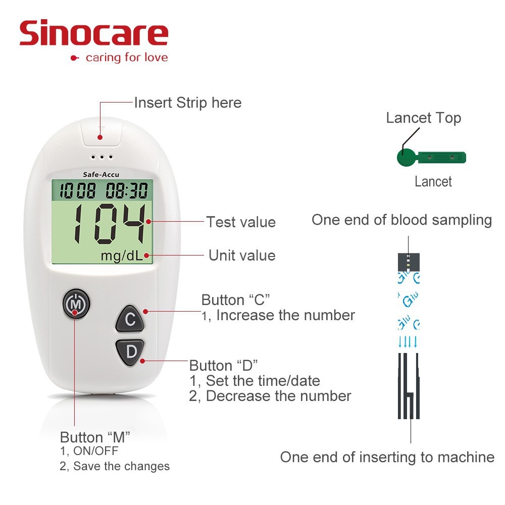 sinocare-เครื่องตรวจวัดระดับน้ำตาลในเลือด-พร้อมเข็ม-และ-แถบทดสอบ-รุ่น-safe-accu-blood-glucose-monitoring-system