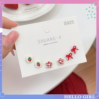 ใหม่ เครื่องประดับ ต่างหูสตั๊ด ผ้าสตรอเบอร์รี่ ลายดอกไม้ ประดับโบว์ ขนาดเล็ก สําหรับผู้หญิง