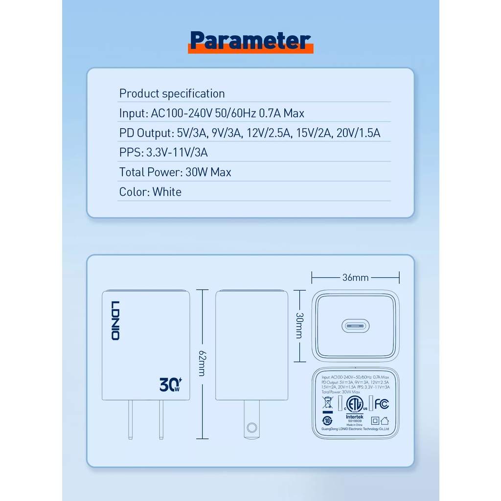ส่งด่วน24ชม-หัวชาร์จเร็ว-มือถือ-และ-โน๊ตบุค-ldnio-30w-usb-c-pd-30w-a1508c