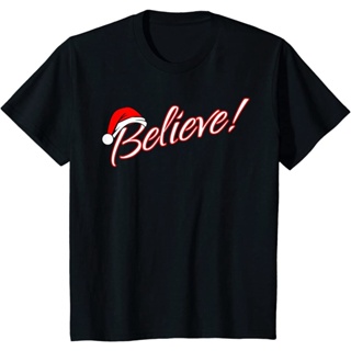 T-Shirt  เสื้อยืดผ้าฝ้ายพิมพ์ลาย Believe Christmas ซานตาคลอสย้อนยุคสําหรับผู้ชาย ชุดคริสต์มาสใหม่
