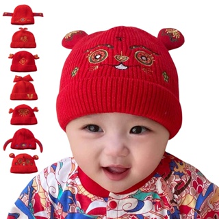 Bobora หมวกถัก ผ้าฝ้าย สีแดง สไตล์จีน น่ารัก ฤดูใบไม้ร่วง ฤดูหนาว สําหรับเด็กทารก เดือนเต็ม ตรุษจีน ปีใหม่