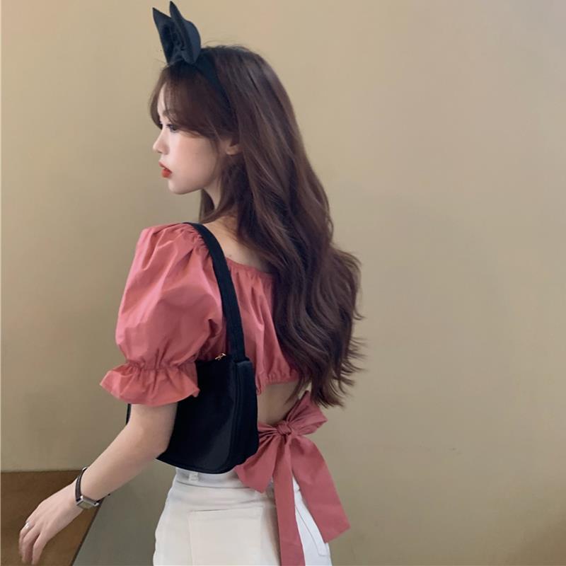 เสื้อแขนพองผูกโบว์สั้นสไตล์ต่างประเทศเสื้อเชิ้ตผู้หญิง