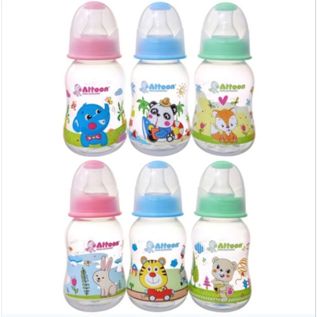 attoon-แอทตูน-ขวดนมทรงบูธ-4oz-smile-ฝาสี-ลายสัตว์-แพ็ค-6-ขวด