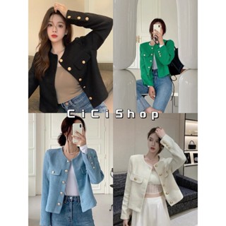 Cicishop(5001)เสื้อแขนยาวผ้าทวิต คอกลมกระดุมทองหน้า มีซับในตัวผ้าดีย์มาก ใส่แล้วเรียบหรูไฮโซสุด