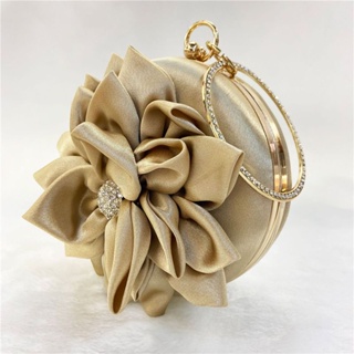 Flower silk evening clutch bag handbag round crossbody bag chain banquet wristlet purse กระเป๋าออกงาน คลัทช์ ของขวัญ