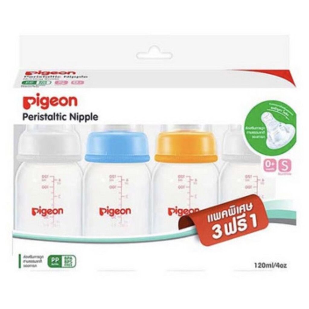 ภาพหน้าปกสินค้าPigeon พีเจ้น ขวดนม RPP ฝาสี ขนาด 4 oz พร้อมจุกนมมินิไซส์ S รุ่น 3 ฟรี 1 (แพ็ค 4 ขวด)