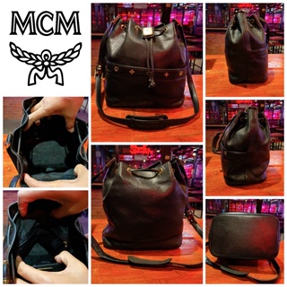 👝: MCM Drawstring Bucket Black Leather Shoulder Bag แท้💯%