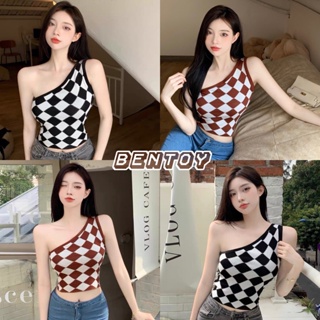 Bentoy(32076)เสื้อกล้าม เสื้อไหมพรม คอปกหน้าวี ลายสก๊อต สไตล์เกาหลี