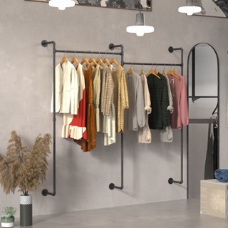 ราวแขวนเสื้อ ราวแขวนผ้า Industrial Pipe Clothes Rack ราวแขวนเสื้อผ้าเหล็กสีดำติดผนัง, ราวแขวนอเนกประสงค์สำหรับจัดเก็บตู้