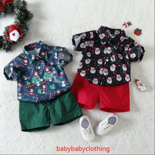 Babyclothes- ชุดเสื้อเชิ้ตแขนสั้น คอปก พิมพ์ลายซานต้า และกางเกงขาสั้น สีพื้น สําหรับเด็กผู้ชาย 2 ชิ้น