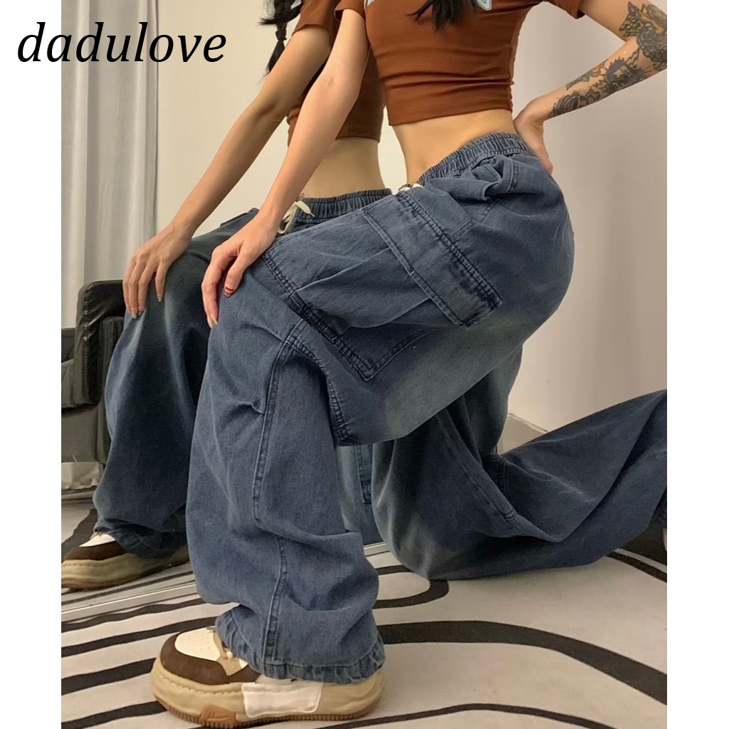 DaDulove💕 New American Hip Hop Big Pocket Jeans Retro Washed