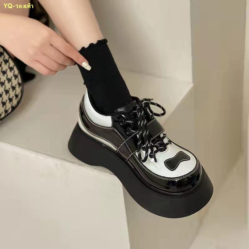 สินค้าเฉพาะจุด-รองเท้าหนังขนาดเล็กส้นหนาสไตล์ญี่ปุ่นของผู้หญิงหัวกลมแบบผูกเชือก-jk-รองเท้าเดี่ยวสีดำและสีขาวจับคู่รอง