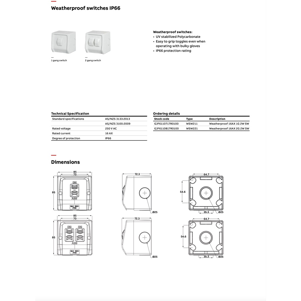 ABB เซฟตี้สวิทช์ WSD245CL 45A 2P 240 VAC 1เฟส 2เส้น WSD Safety Switch ...