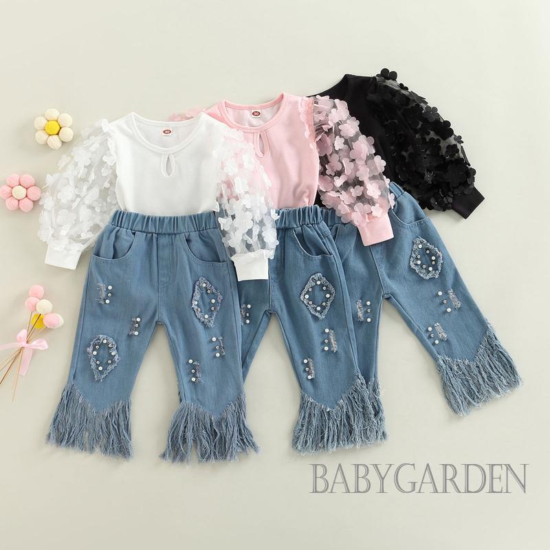 babygarden-1-6yearsเด็กทารกเด็กผู้หญิงชุดฤดูใบไม้ร่วงแขนยาวตาข่ายเสื้อเย็บปะติดปะต่อกัน-กางเกงขาบานยีนส์