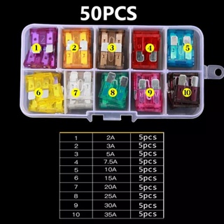 GF108 50Pcs  Car Fuse Assortment Set Auto Car Profile Small Size Blade Type 2.5/3/5/7.5/10/15/20/25/30/35A Fuse with Box