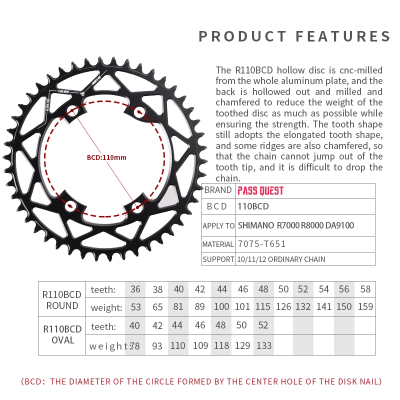 pass-quest-r110bcd-110bcd-จานหน้าจักรยาน-ทรงกลม-กว้าง-แคบ-36t-58t-สําหรับ-shimano-r7000-r8000-r9100