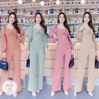 ES239  Jumpsuit จั๊มสูทขายาว ทรงแขนพองยาว อกแต่งผ้าม้วนทรงสวยเข้ารูป ทรงขายาว งานสุดหรู งานน่ารักๆดีไซน์เก๋ คอล​ใหม่ ใส่