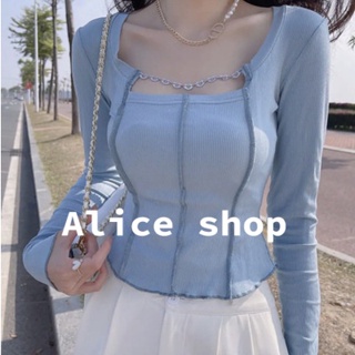 Alice  เสื้อครอป เสื้อยืดแขนยาวผู้หญิง เลือกได้หลายสี สไตล์เกาหลี 2022 ใหม่  Stylish ทันสมัย พิเศษ ins TN220117 36Z230909