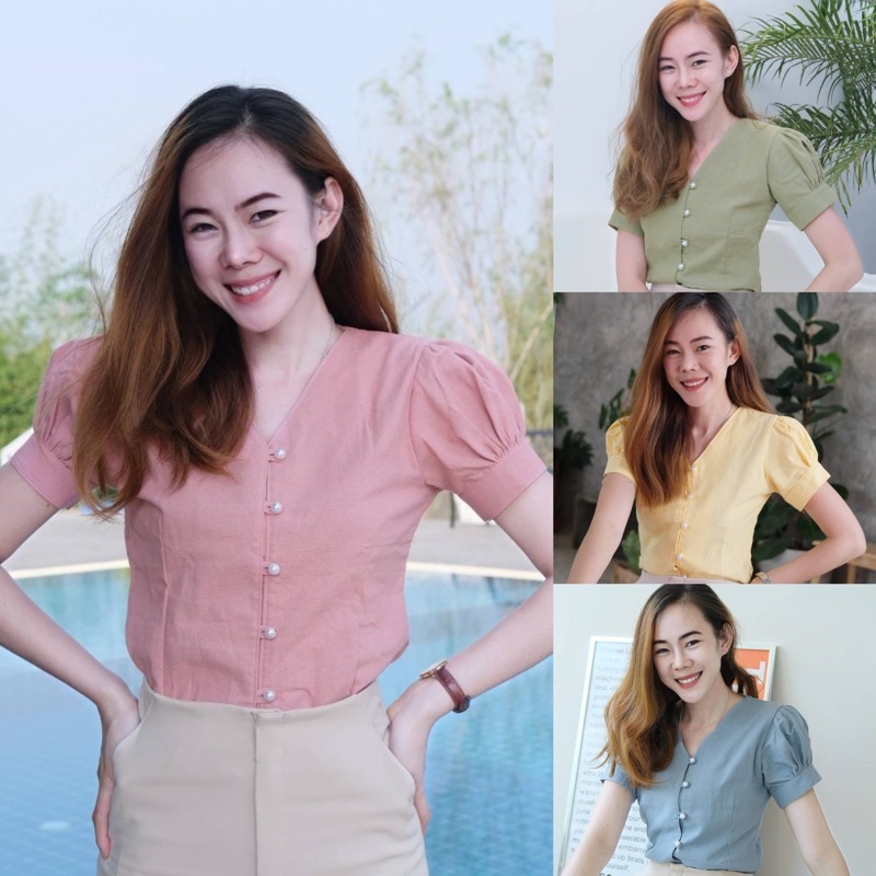 ภาพหน้าปกสินค้าเสื้อผ้าฝ้ายคอวีแขนตุ๊กตากระดุมมุก จากร้าน chayaphafai บน Shopee