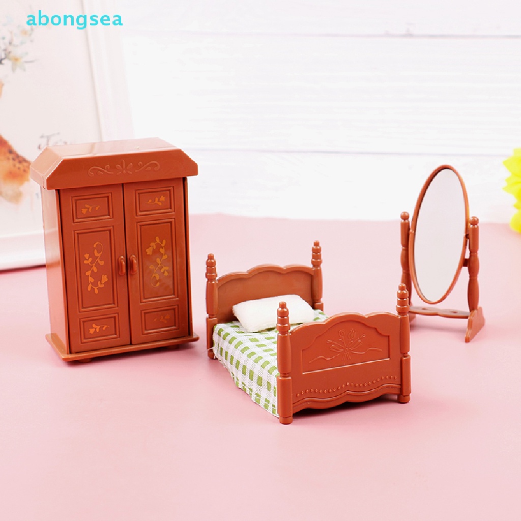 abongsea-1-12-ตุ๊กตาเฟอร์นิเจอร์จิ๋วชุดห้องนอนเตียงโต๊ะเครื่องแป้งตู้กระจกรุ่นดี