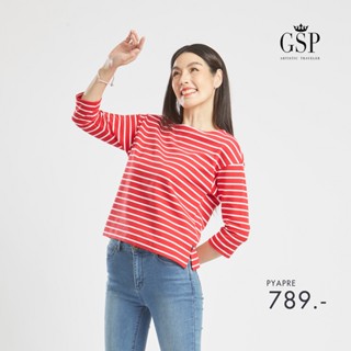 GSP เสื้อยืด เสื้อยืดผู้หญิง (จีเอสพี)Blouseแขนยาวลายริ้วสีแดง Lucky Stripes (PYAPRE)