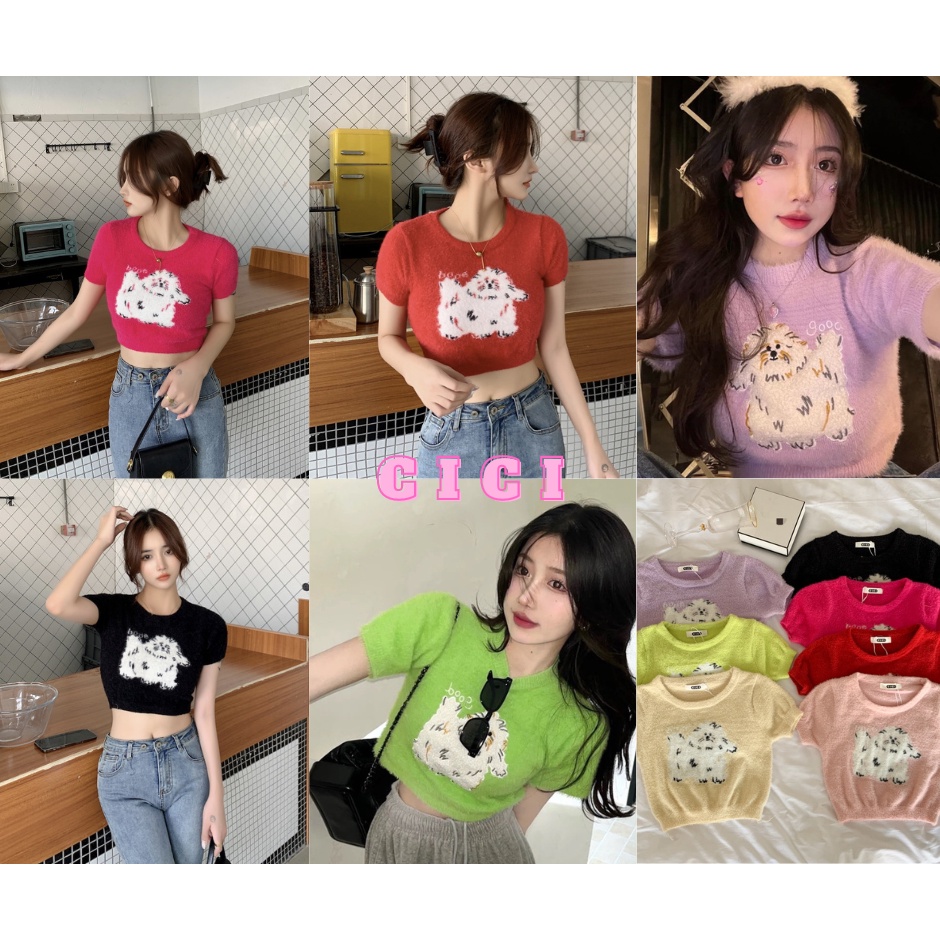 cici-พร้อมส่ง-a1272-1-เสื้อครอปแขนสั้น-ขนมิ้งลายหมาขนปุย