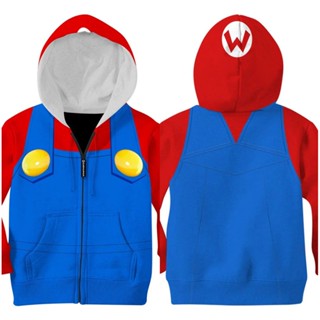 เสื้อกันหนาว ผ้าโพลีเอสเตอร์ ลาย Mario สีฟ้า สําหรับเด็ก