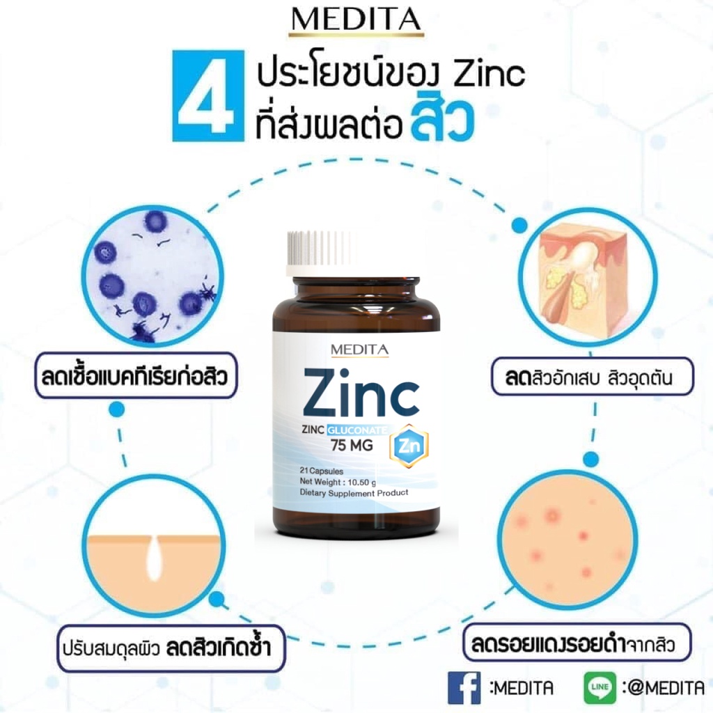 ภาพสินค้าMEDITA​ ZINC​ 75​ mg​ เพิ่มภูมิคุ้มกัน ป้องกันสิว ลดหน้ามัน จากร้าน medita.thailand บน Shopee ภาพที่ 6