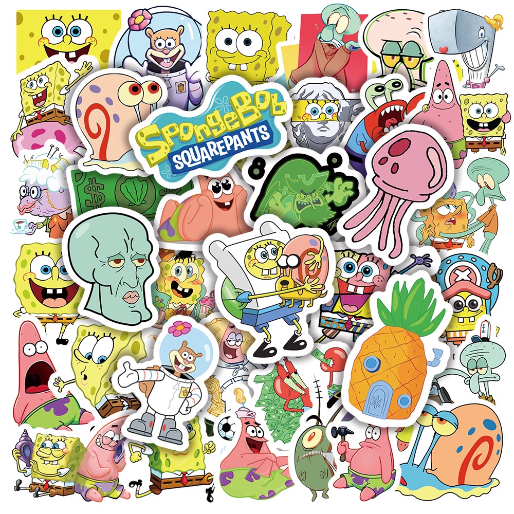 สติกเกอร์-ลายการ์ตูน-spongebob-squarepants-น่ารัก-กันน้ํา-สําหรับติดตกแต่ง-50-แผ่น