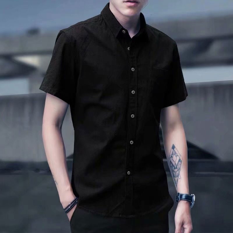 เสื้อเชิ้ตแขนสั้นลําลอง-คอปก-เข้ารูป-ระบายอากาศได้ดี-สีพื้น-แฟชั่นฤดูร้อน-สไตล์เกาหลี-สําหรับผู้ชาย