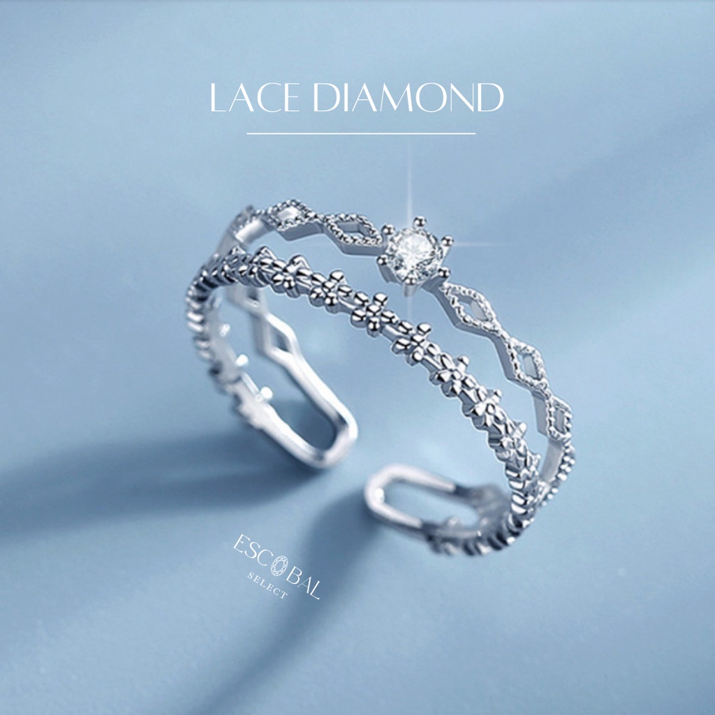 ภาพหน้าปกสินค้าESCOBAL พร้อมส่ง แหวนเงินแท้ Lace Diamond ฝังเพชร Moissanite แท้100% แหวนเพชรแถว แหวนผู้หญิง แหวนปรับขนาดได้ แหวนพลอย