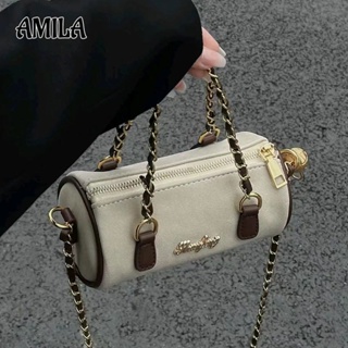 AMILA กระเป๋าถือหนังนิ่มพื้นผิวนุ่มหญิงวินเทจความรู้สึกขั้นสูงกับกระเป๋าบอสตันสีน้ำตาลสายโซ่
