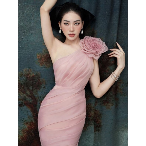 pink-dress-floral-one-shoulder-ชุดเดรส-ชุดราตรี-ชุดทำงาน-ชุดออกงาน-เดรสออกงาน