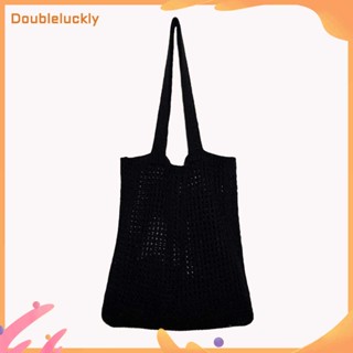 【มีสินค้า】✿Doubleluckly✿ ผู้หญิงคุณภาพสูงกลวงถักกระเป๋าสะพายไหล่ถักง่ายนักช้อปกระเป๋าถือ (สีดำ)