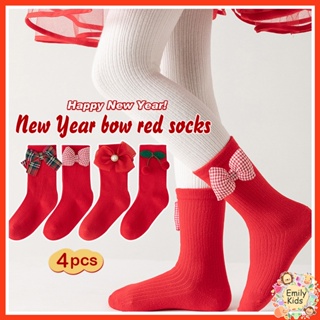 ถุงเท้าคริสมาสต์ พร้อมส่ง ถุงน่องคริสต์มาส ประดับโบว์ สีแดง สําหรับเด็กผู้หญิง อายุ 1-12 ปี 4 คู่