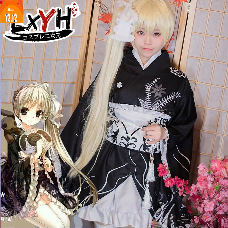 อะนิเมะ-yosuga-no-sora-kimono-cosplay-เครื่องแต่งกาย-yukata-ชุดแม่บ้านหวาน-lolita-maid-kasugano-sora-สีดำ-kimono-ชุดค