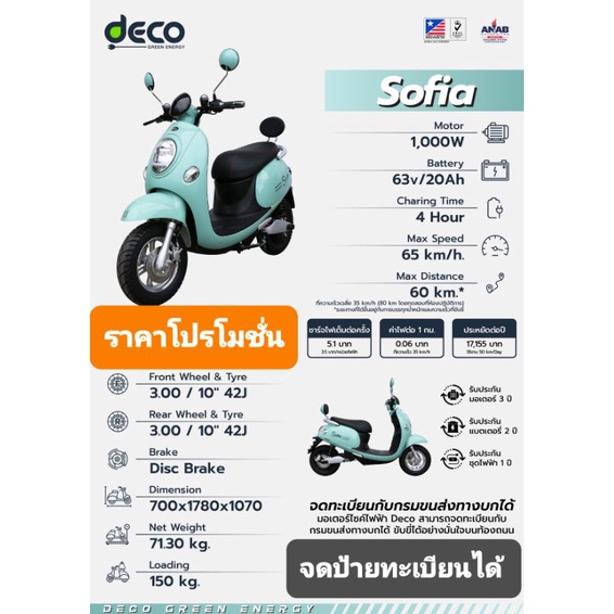 มอเตอร์ไซค์ไฟฟ้า-deco-รุ่น-sofiaมอเตอร์1000-w-แถมฟรีจดป้ายทะเบียน-พรบ