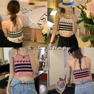 Cicishop(85080)เสื้อสายเดีี่ยวไหมพรมถักซีทรูเบาๆสีหวานๆ แต่งชายฉลุ น่ารักเซ็กซี่สุดๆ