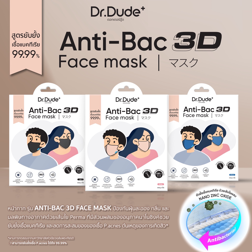 โค้ดส่วนลด-dr-dude-anti-bac-3d-face-mask-สูตรยับยั้งเชื้อแบคทีเรีย-p-acne-99-99-แมสก์ลดสิว-แมสก์ผ้า-แมสก์ซักได้