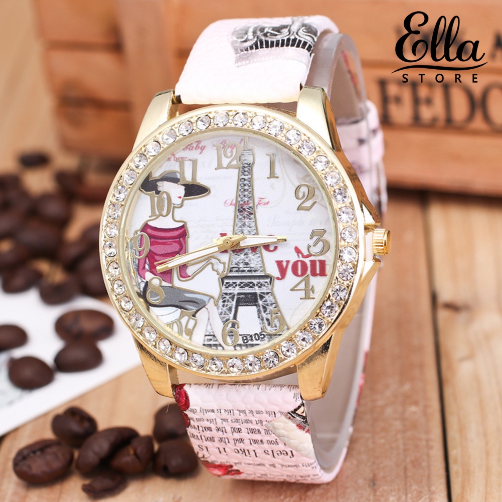 ellastore123-นาฬิกาข้อมือควอตซ์-อะนาล็อก-หน้าปัดทรงกลม-ฝังพลอยเทียม-ตัวเลขอาหรับ-สําหรับผู้หญิง