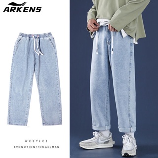 กางเกงยีนส์เอวยางยืดกางเกงขากว้างทรงหลวมกางเกงเก้าส่วนสไตล์เกาหลี กางเกงยีนส์ชาย