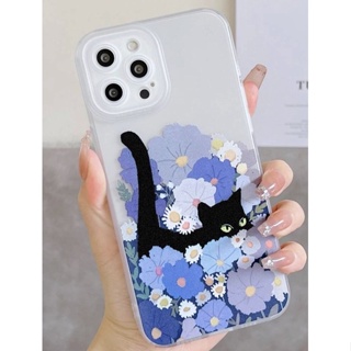 เคสไอโฟนใสทุ่งดอกไม้แมวดำ i6-14promax (Case iphone) เคสมือถือ เคสเกาหลี เคสดอกไม้ เคสลายดอก เคสแมวดำ เคสทาสแมว เคสสัตว์
