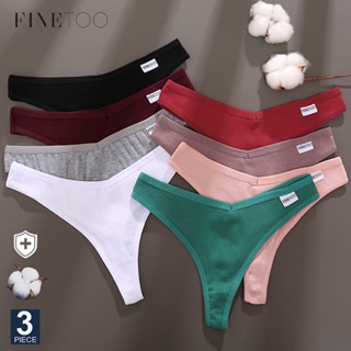 Finetoo กางเกงชั้นในจีสตริง ผ้าฝ้าย สีพื้น เซ็กซี่ สําหรับผู้หญิง 3 ชิ้น ต่อชุด