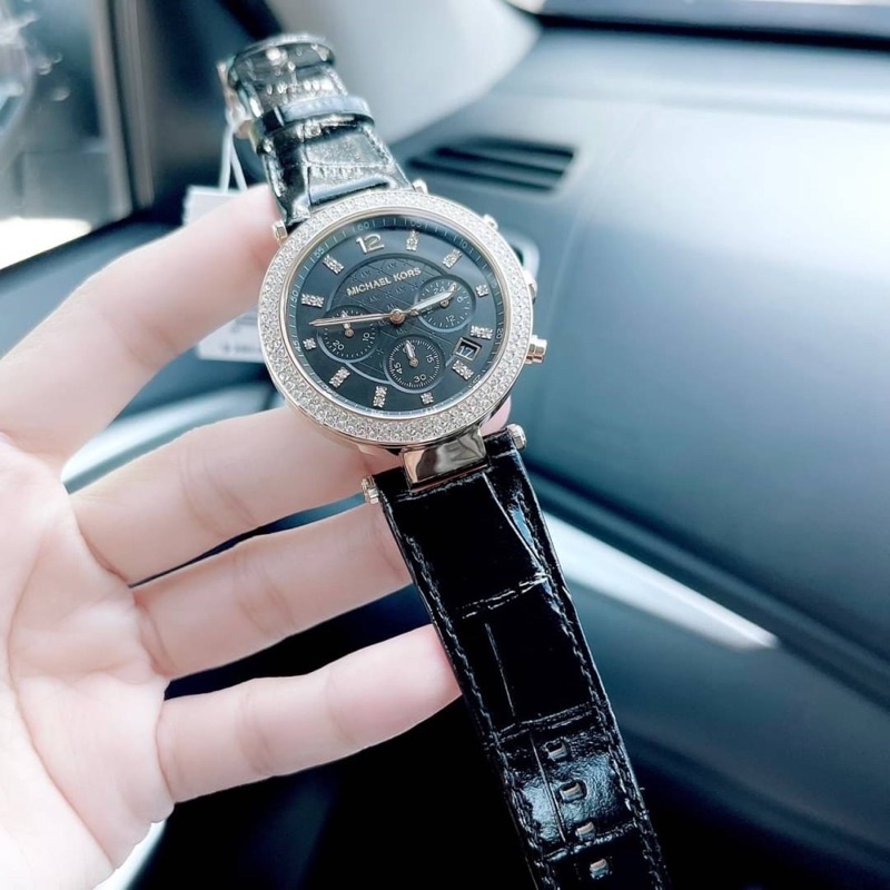 ผ่อน0-นาฬิกา-michael-kors-parker-chronograph-black-leather-watch-mk6984-หน้สปัดล้อมคริสตัล-39-mm-สายหนังสีดำ