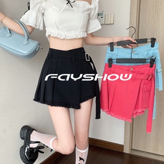 FayShow กางเกงยีนส์ขาสั้น กระโปรง กางเกงขาสั้น กระโปรงปลอมสองชิ้นของผู้หญิงเอวสูงเกาหลี QK22101311